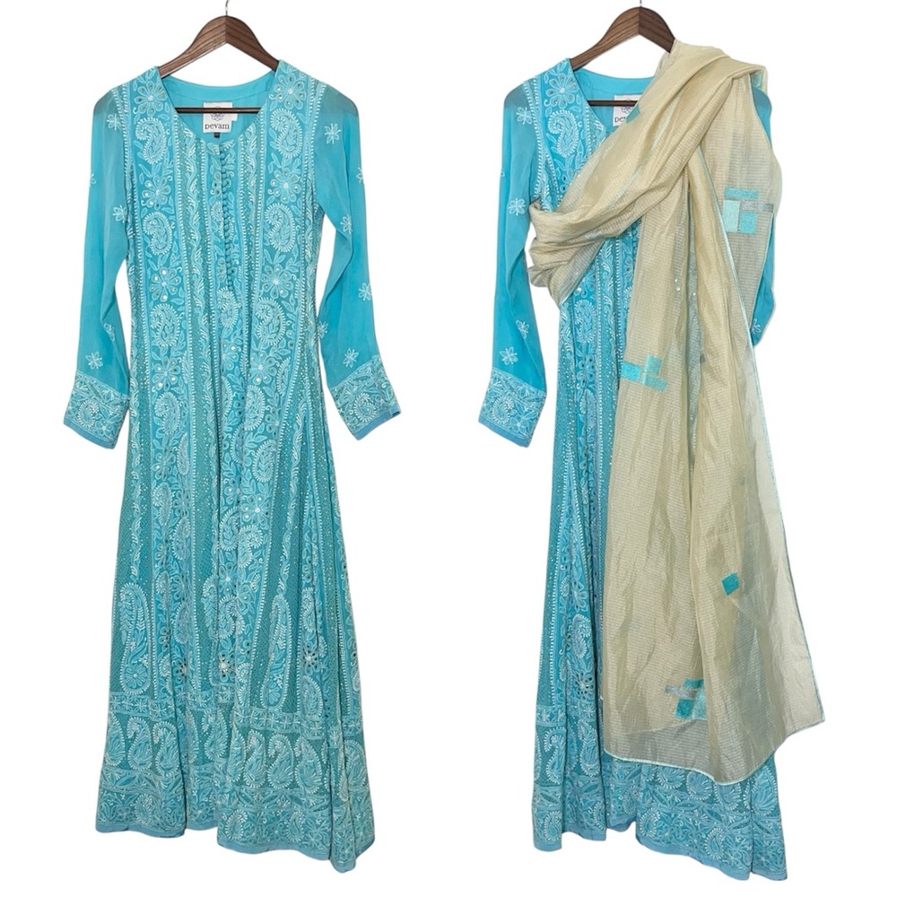 Devam Turquoise Blue Lucknowi Chikankari Georgette Embroidered Anarkali Dress